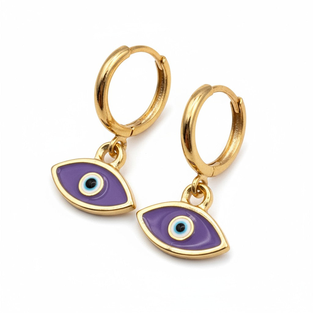 Gold-plated hoop earrings with lilac enamel evil eye charm