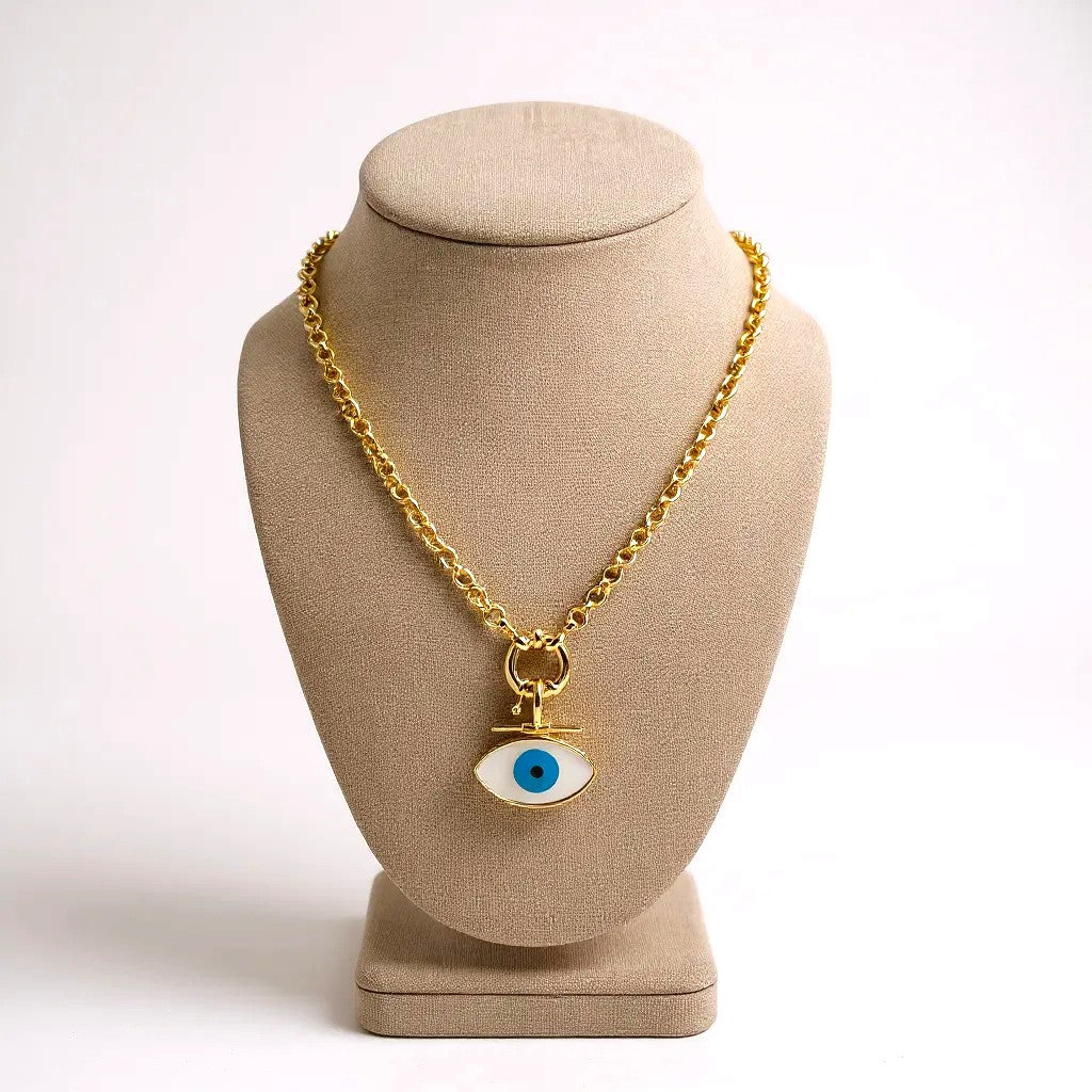 Gold chain necklace with white enamel evil-eye pendant