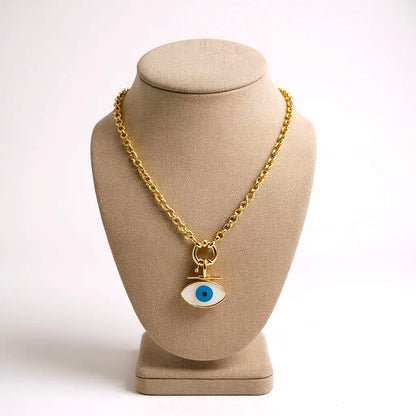 Gold chain necklace with white enamel evil-eye pendant