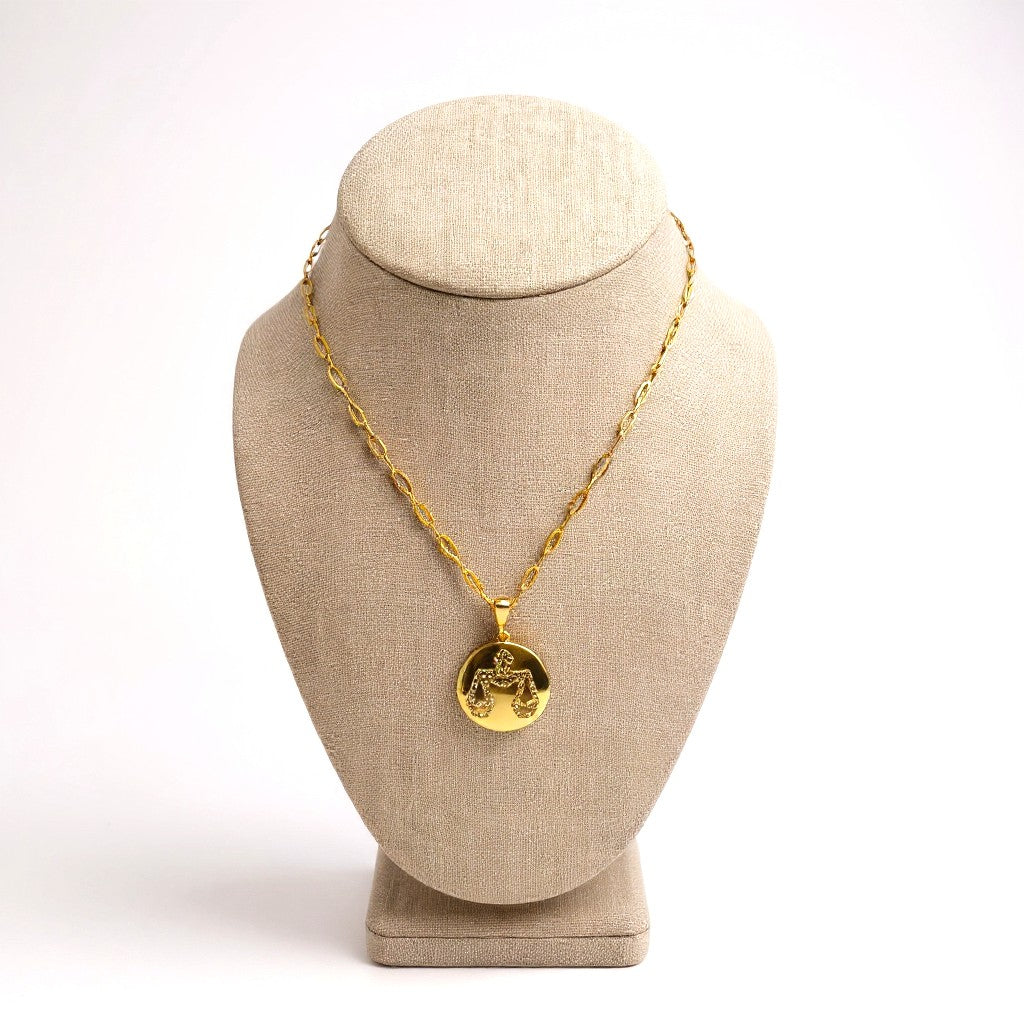Gold-plated Libra zodiac necklace with cubic zirconia stones