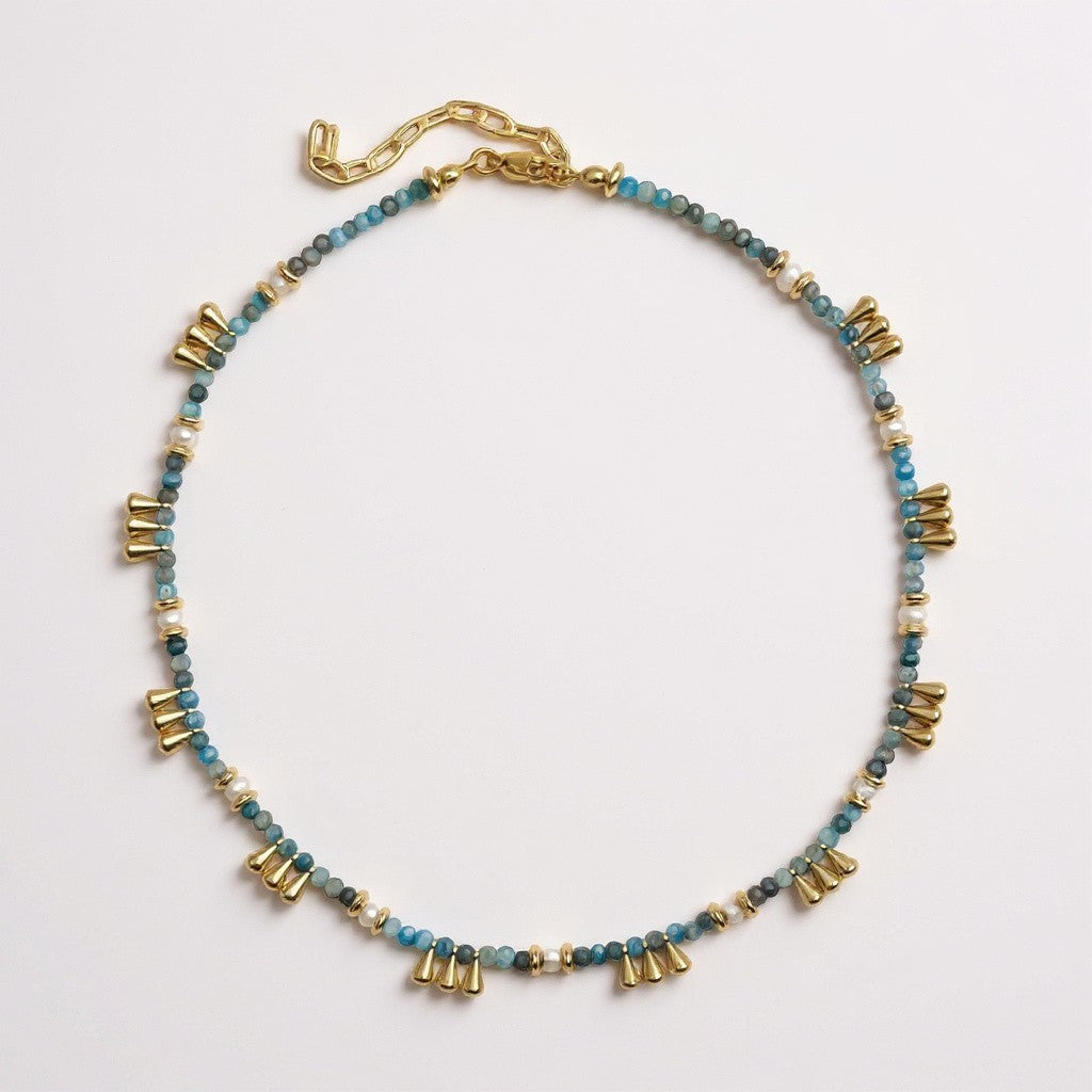 Apatite and freshwater pearl necklace with gold-plated drop charms in ocean-blue tones