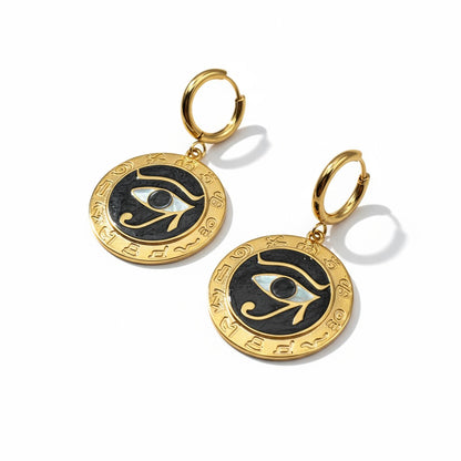 Black enamel Eye of Horus earrings with gold hoop