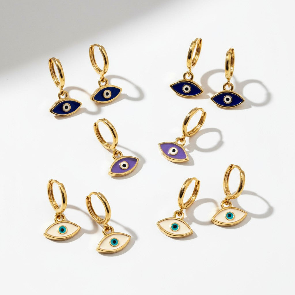 Gold-plated hoop earrings with cobalt lilac enamel evil eye charm