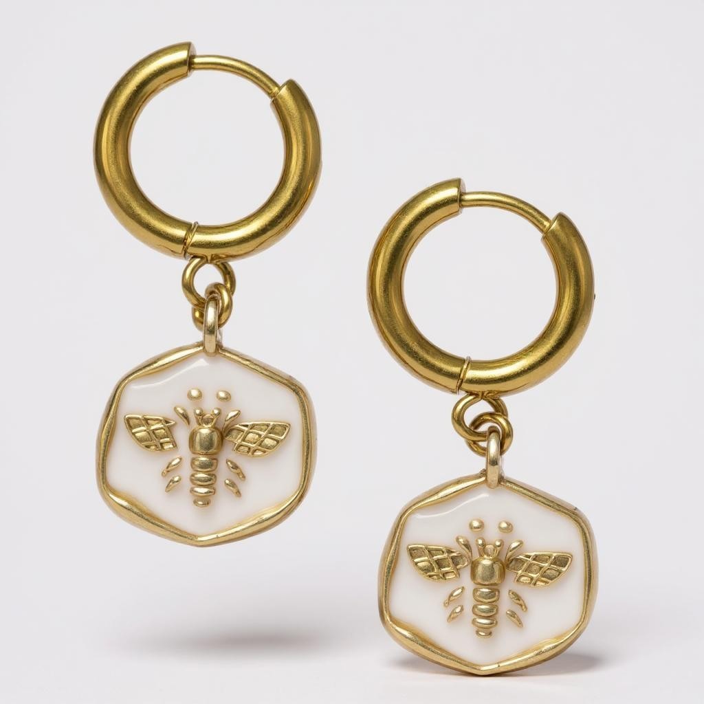 Gold-plated hoop earrings with engraved bee medallion charm