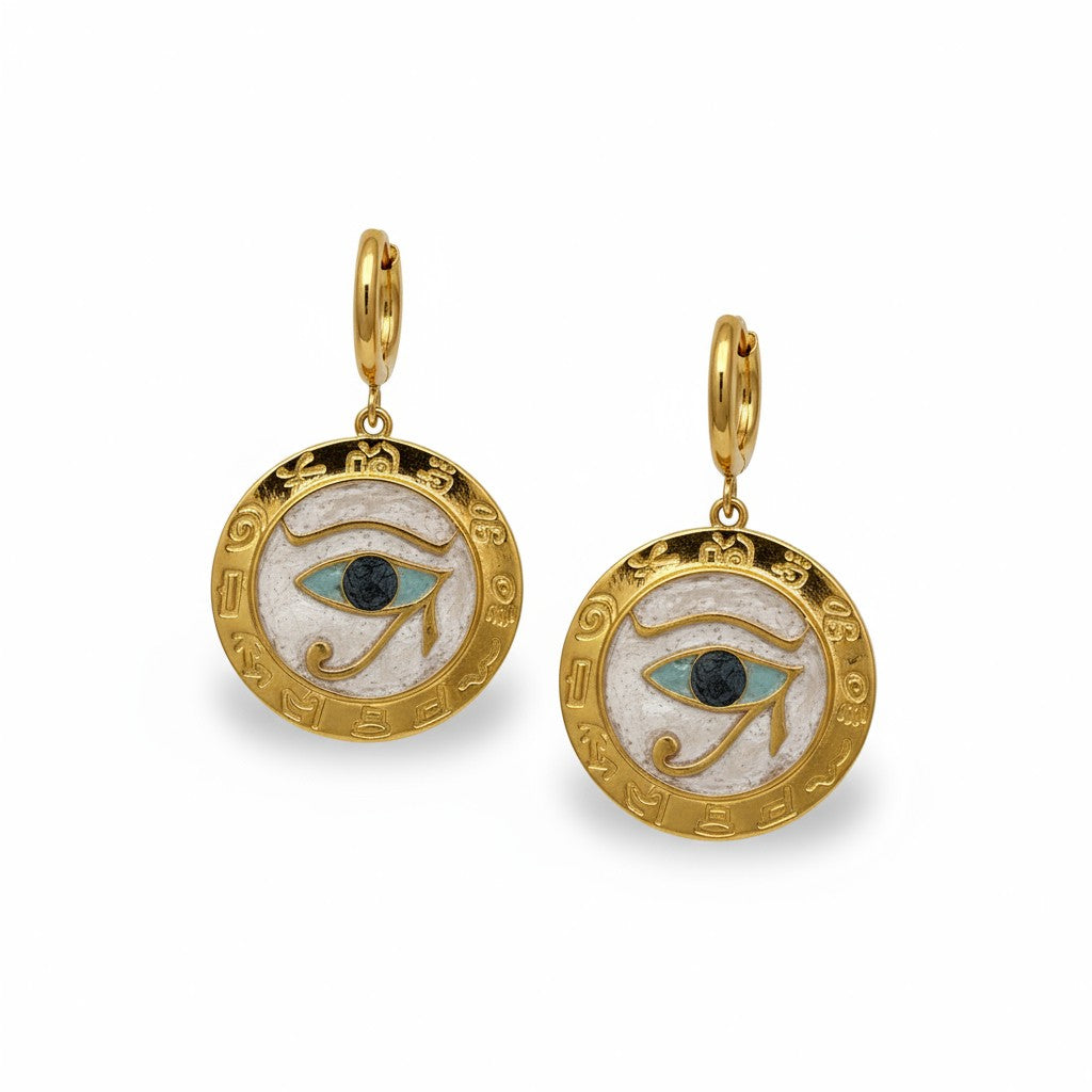Gold Eye of Horus medallion earrings with turquoise and black enamel