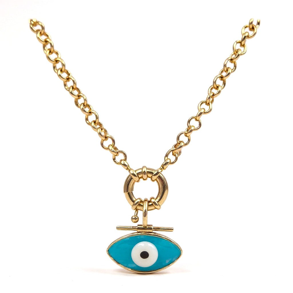 Gold-plated chain necklace with turquoise enamel evil-eye pendant