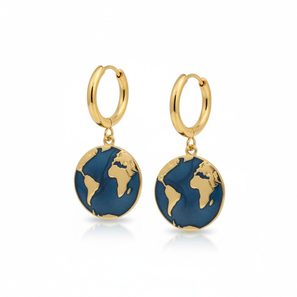 Gold-plated hoop earrings with navy enamel globe charm