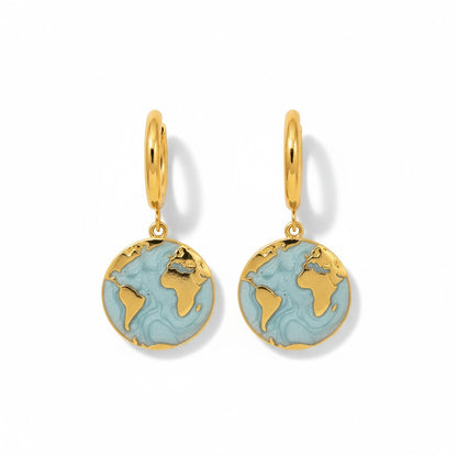 Gold-plated hoop earrings with turquoise enamel globe charm