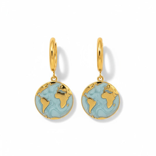 Gold-plated hoop earrings with turquoise enamel globe charm