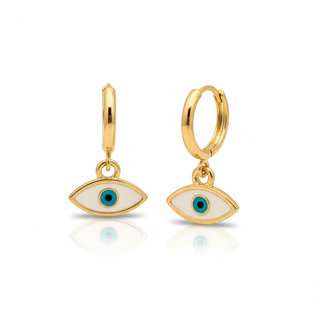 Gold-plated hoop earrings with white enamel evil eye charm