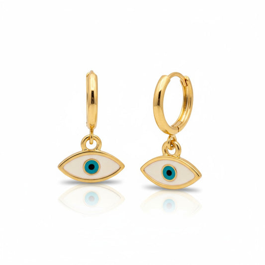 Gold-plated hoop earrings with white enamel evil eye charm
