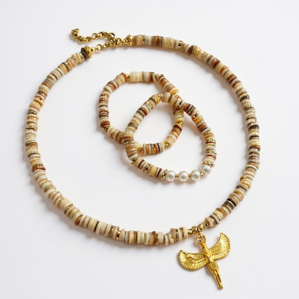 Mother of pearl necklace with gold Ankh of Isis pendant