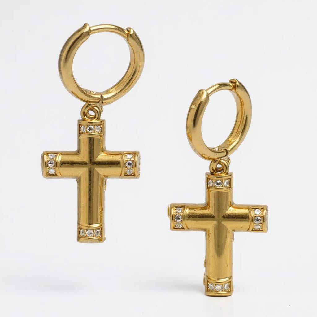 Gold-plated hoop earrings with cubic zirconia cross pendant