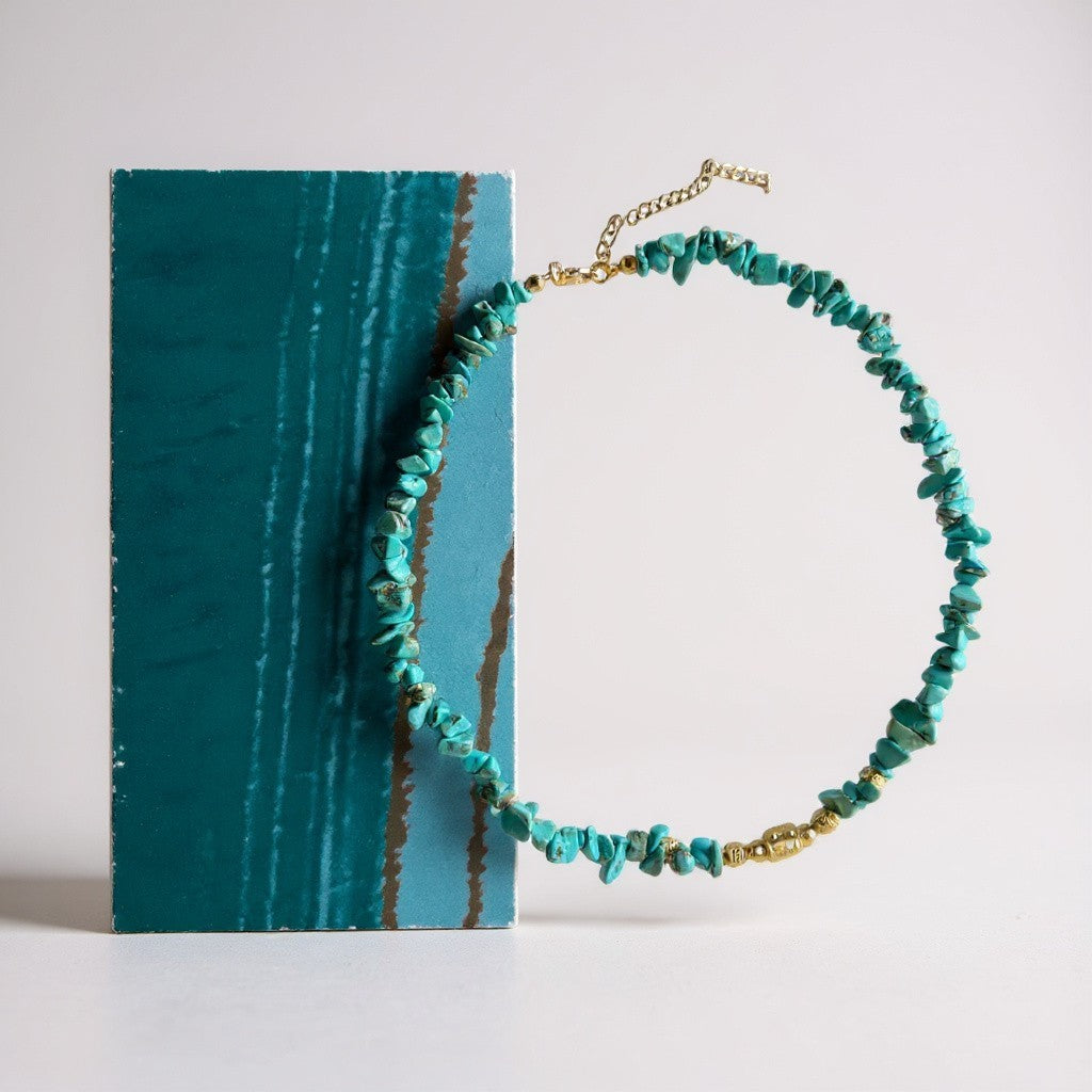 Natural turquoise chip necklace with gold-plated accents