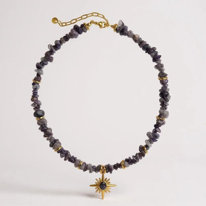 Amethyst chip necklace with gold starburst pendant