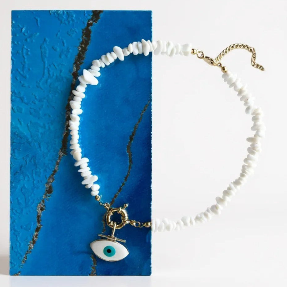 Moonstone necklace with gold enamel evil eye pendant