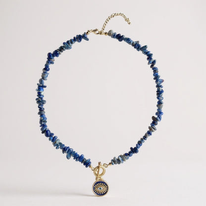 Lapis lazuli necklace with gold navy enamel evil eye pendant