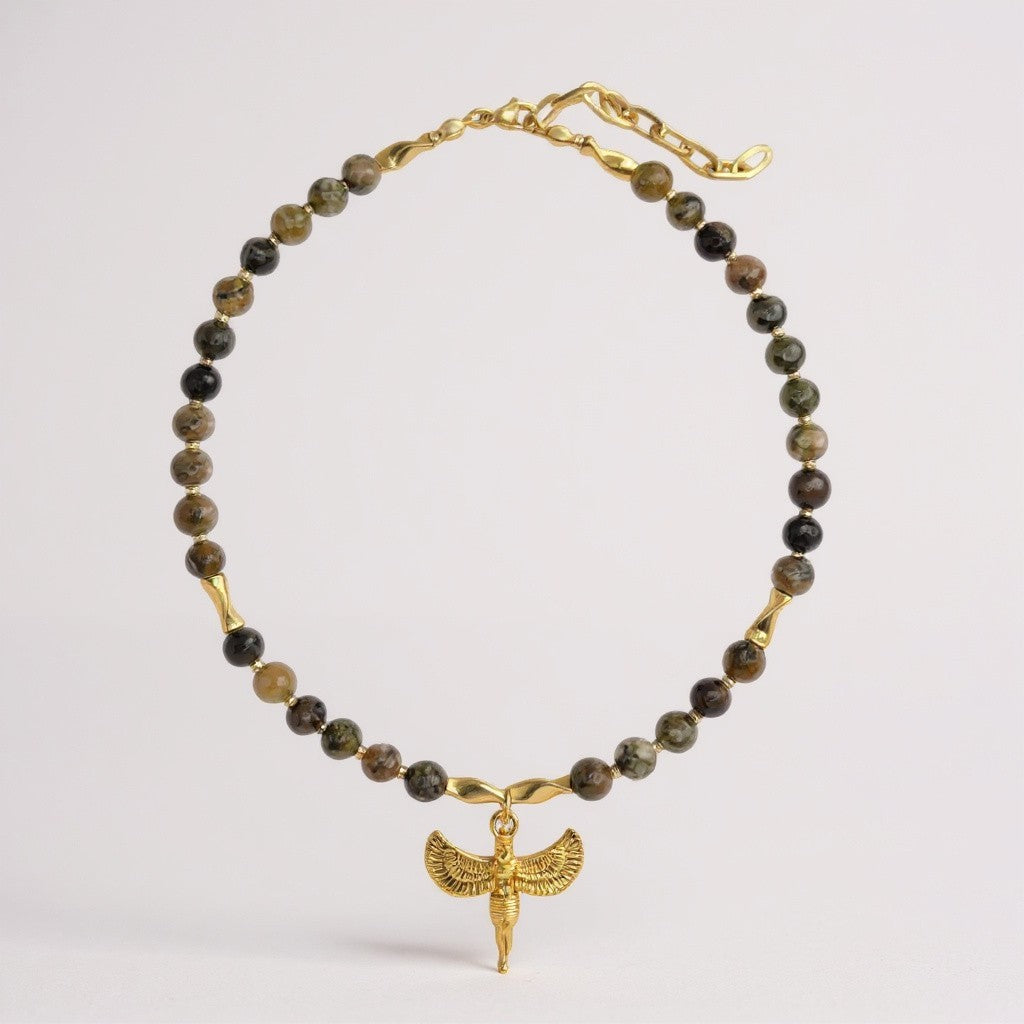 Jade necklace with gold Isis winged pendant