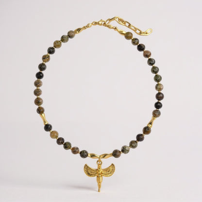 Jade necklace with gold Isis winged pendant