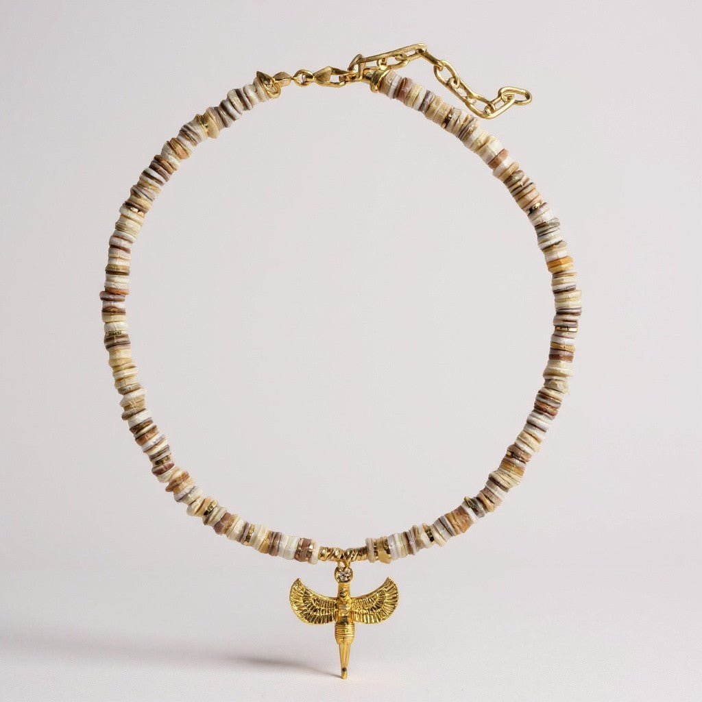 Mother of pearl necklace with gold Ankh of Isis pendant