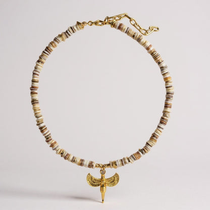 Mother of pearl necklace with gold Ankh of Isis pendant