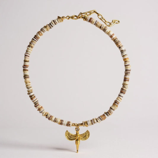 Mother of pearl necklace with gold Ankh of Isis pendant
