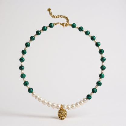 Malachite and freshwater pearl necklace with gold coin pendant