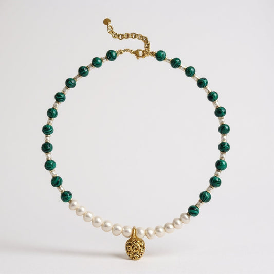 Malachite and freshwater pearl necklace with gold coin pendant